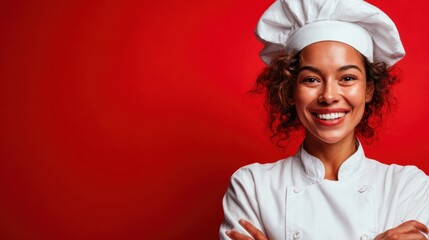 A cheerful female chef in a classic white uniform and hat exudes warmth and professionalism, symbolizing dedication and creativity in the culinary profession.