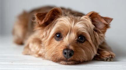 A close-up portrait of a relaxed Yorkshire Terrier, showcasing its expressive eyes and fluffy fur while lying comfortably, embodying warmth and playfulness in a cozy setting.