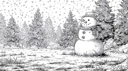 Fototapeta premium Black and white illustration of a snowman wearing a hat and scarf in a snowy forest