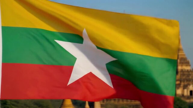 High-quality 3D animation of the Myanmar Flag billowing powerfully with realistic textile simulation and central white star emblem.