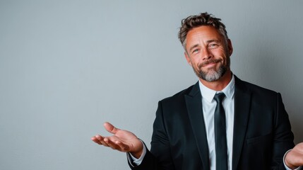 A well-dressed man with a confident smile stands with his hands open, showcasing a friendly and welcoming demeanor against a neutral background.