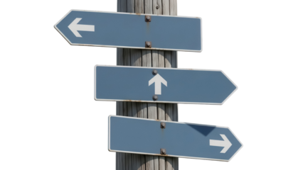 Directional road signs on wooden pole isolated PNG, blue arrow signs pointing in different directions for navigation and wayfinding