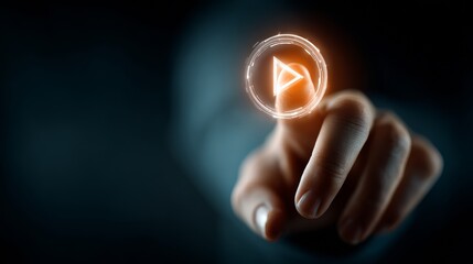 Empowering digital engagement, a finger presses a glowing play button, launching content and igniting audience interaction with a futuristic touch.