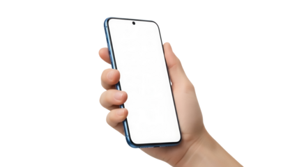 Modern blue smartphone in hand isolated PNG on transparent background, mobile device mockup for app presentation and digital marketing