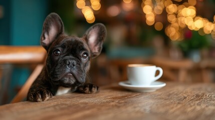 A charming French Bulldog gazes curiously at a coffee cup in a cozy cafe, surrounded by warm bokeh lights, evoking feelings of comfort, companionship, and relaxation.