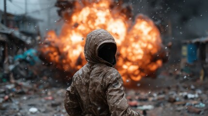 A striking image of a mysterious figure in a hooded jacket standing against a backdrop of a massive explosion, evoking feelings of chaos and tension in a distressed environment.