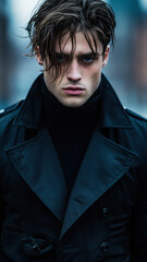 Obraz premium Man with piercing blue eyes in a structured black trench coat, exuding power and mystery