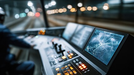 Focused railway control panel with glowing touchscreen interface blurred technician working nearby symbolizing advanced realtime streaming systems in rail networks.