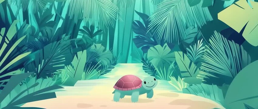 Adorable Turtle Walking on Sandy Path Through Lush Tropical Jungle Paradise