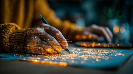 Capturing innovative ideas with a pen, overlayed with glowing digital data streams illuminating a modern workspace.