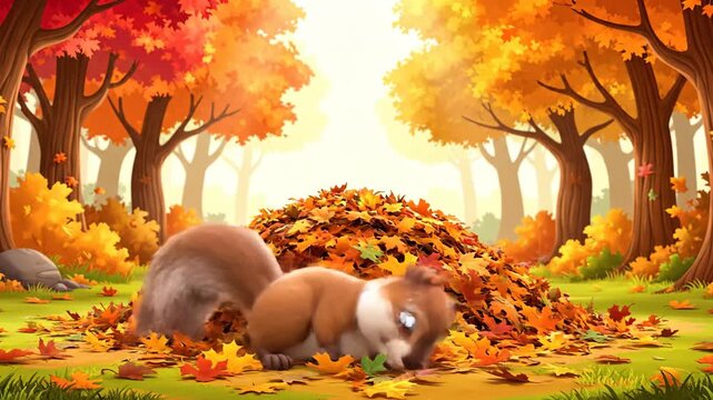 Cute squirrel cartoon standing on large pile of fall leaves in forest