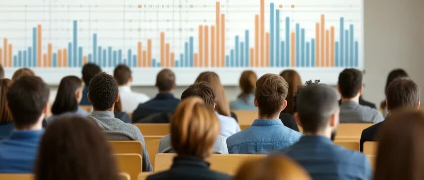 Diverse Group of Students Attentively Listening to a Presentation with Data Charts