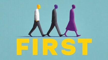 Three tetrahedral human like figures in white black and purple clothing walk from left to right against a blue backgroun