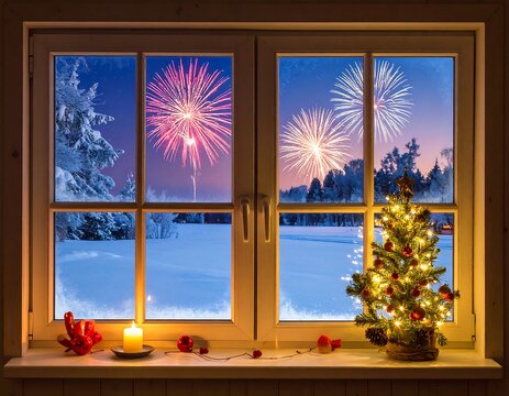 Winter scene framed by window, festive fireworks and tree - Powered by Adobe