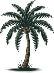 Vintage Style Coconut Palm Tree Vector Illustration Isolated on White Background. Tropical Island Travel and Vacation Symbol for Logo or T-Shirt Print Design Element
