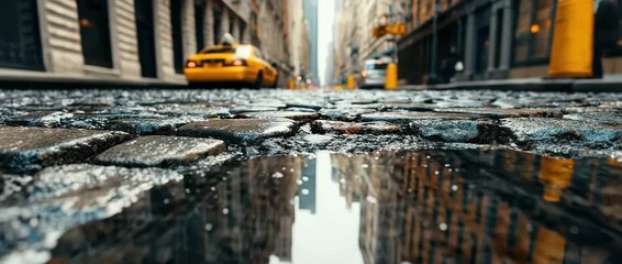 Cobblestone Street Reflection Puddle Cityscape Rainy Day Urban Scene Taxi Cab