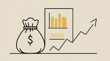 A minimalist line art illustration featuring a money sack with a dollar sign and a bar graph with an upward arrow,