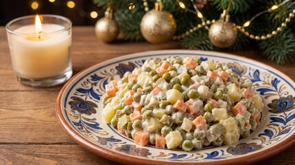Olivier salad with festive christmas decorations and candlelight