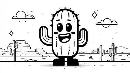 Cartoon cactus figure with arms up, smiling in a stylized desert landscape, black and white