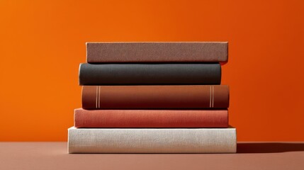 A stack of five neatly aligned books against an orange background, the top book featuring a textured brown cover.