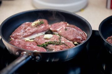 frying pan with meat