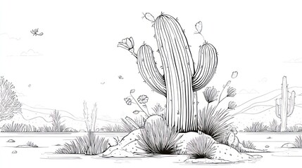 Desert scene line art. A tall cactus, flowers blooming, and distant mountains. Small bird flying
