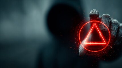 Mysterious hand activates glowing red triangle symbol with futuristic digital interface, hinting at danger or critical decision
