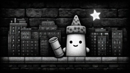 Black and white illustration of a whimsical character with a telescope, star, and cityscape backdrop