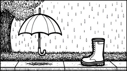 Black and white illustration depicts a rainy day scene with an umbrella, boot, and tree