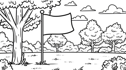 Black and white outdoor scene, a blank flag on a pole, trees, clouds, bushes, grass