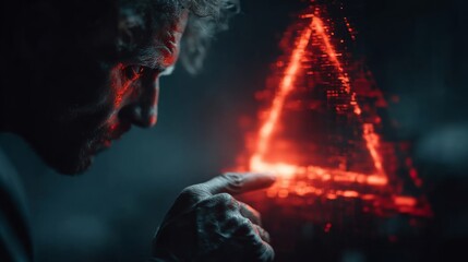 Intrigued scientist discovers glowing holographic triangle, pondering complex data in futuristic laboratory environment, mind blown by breakthrough