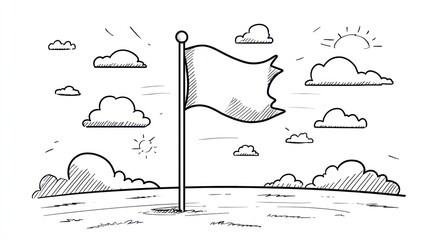 A black and white hand-drawn image of a flag waving in the wind with a cloudy sky