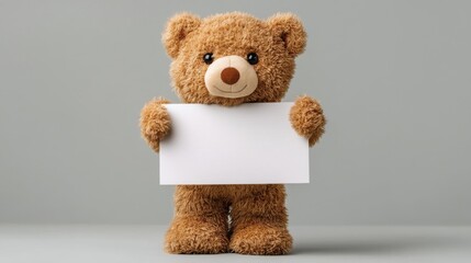 A cute brown teddy bear with black button eyes and a small dark pink nose stands upright holding a blank white sign agai