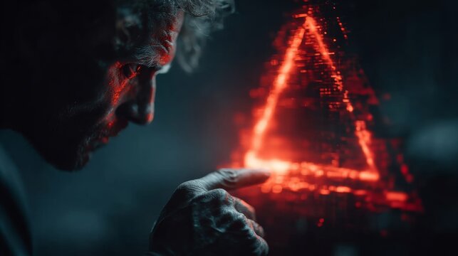 Intrigued scientist discovers glowing holographic triangle, pondering complex data in futuristic laboratory environment, mind blown by breakthrough - Powered by Adobe