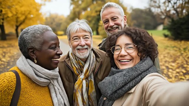 Diverse group of happy senior friends taking a selfie in golden autumn park. Active aging, friendship