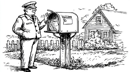 A postal worker delivering mail to a home in a black and white illustrated scene