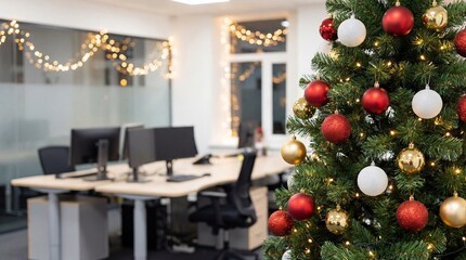 Christmas tree in modern office with festive lights decorations