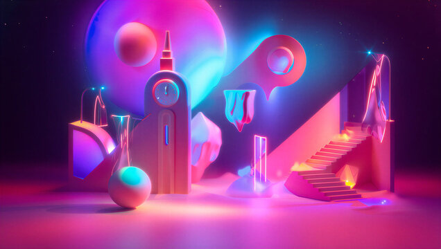 neon lit abstract 3d shapes and objects in space with stairs and clock transparent background - Powered by Adobe