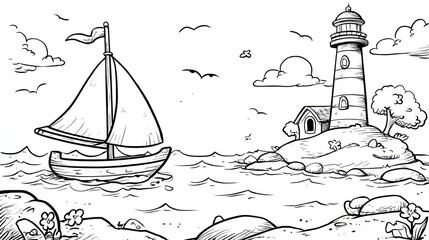 A black and white illustration shows a sailboat on water near a lighthouse on an island