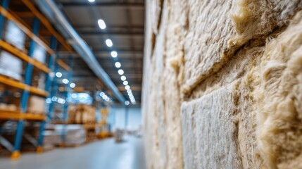 Medium shot of warehouse wall insulation installation highlighting thermal efficiency to reduce energy loss with blurred background warehouse equipment.