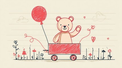 A cartoon-like teddy bear rides in a red wagon holding a balloon, surrounded by whimsical drawings