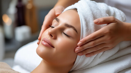 Close-up woman getting pampered in beauty salon, spa treatment, relaxation service, skincare session, professional care, wellness experience, with copy space