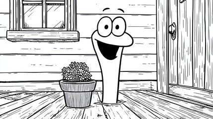 Cartoon character peering from a hole on a wooden porch, next to a flower pot