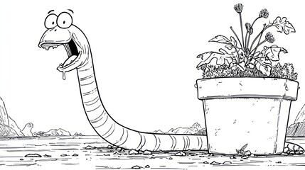 A cartoon worm, smiling with its tongue out, next to a flower pot with plants