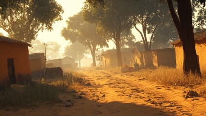 Sunrise over a dusty village street