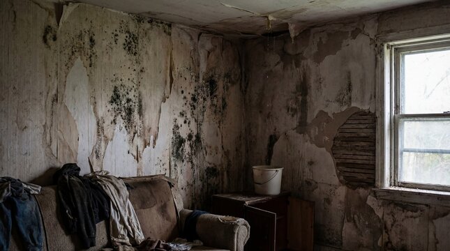 Dilapidated room with extensive black mold, peeling walls, and water damage