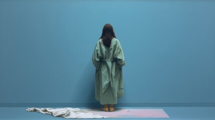A person stands confidently on a rolled yoga mat wearing a light green coat facing a blue wall with focus and tranquilit
