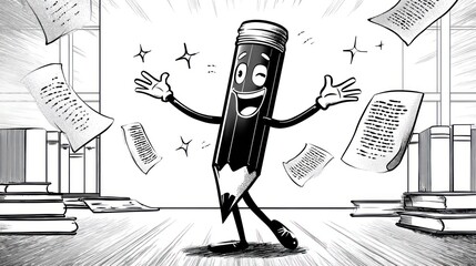 Animated pencil character, arms outstretched, celebrating with papers flying around in an office scene