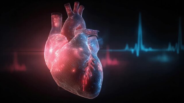 Human Heart Anatomy and EKG: A vibrant and detailed image of a human heart, illuminated in hues of red and blue, is set against a backdrop featuring an EKG (electrocardiogram) waveform.