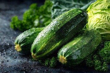 Fresh vibrant green zucchinis piled on a dark slate background accompanied by lush parsley and cabbage with water droplets on the skin.